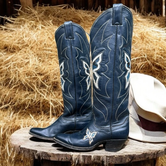 Women’s Size 6 C - Justin Vintage Tall Cowboy Western Boots Butterfly Inlays - Picture 4 of 6